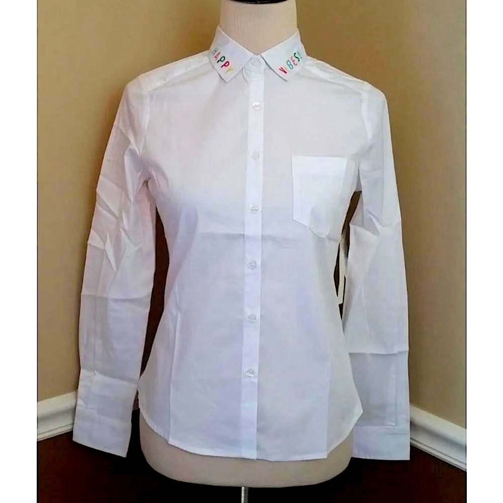 White Button Down Shirt Embroidered Happy Vibes Collar by Active USA Modcloth